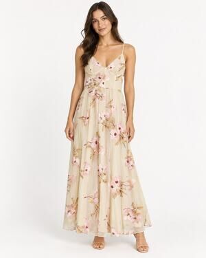 Dee Elly Floral Embroidered Lace Maxi Dress Cream Pink Size Medium